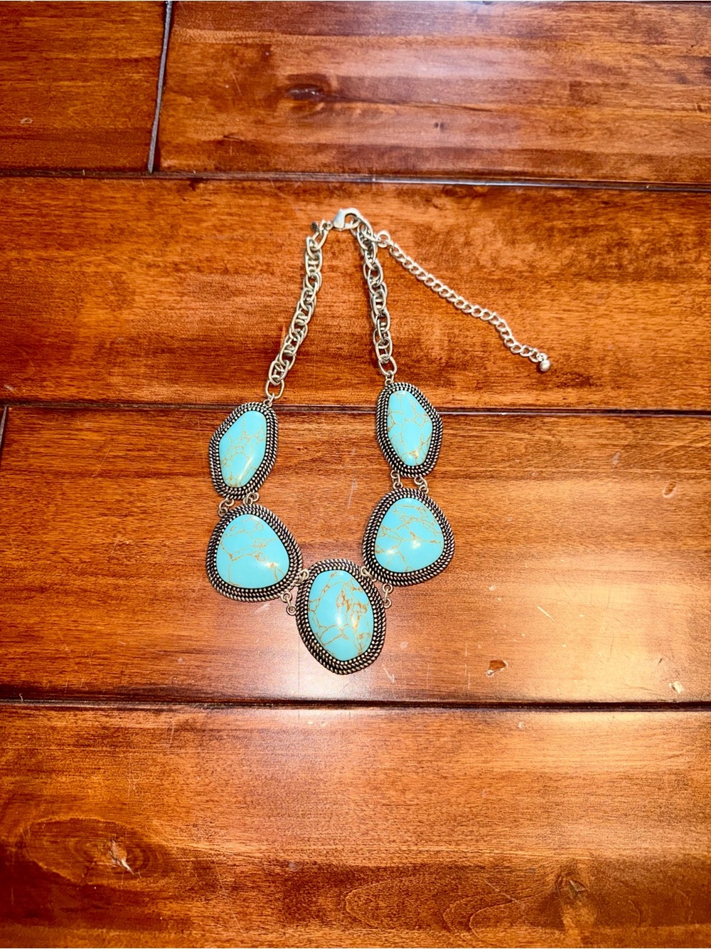 Turquoise Statement Boho Necklace with Silver Tone